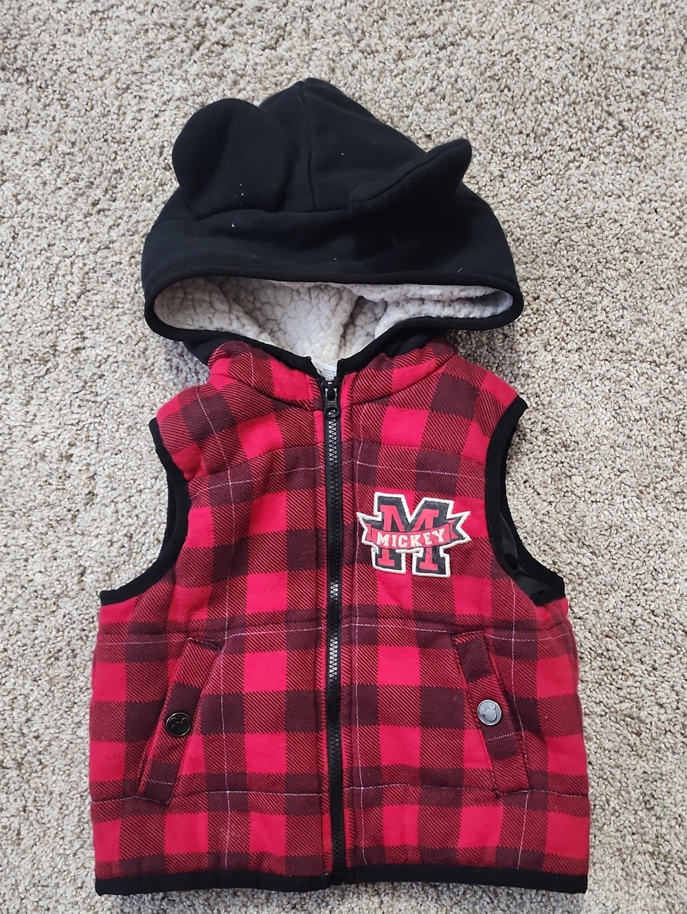12 Month Mickey Mouse Red Buffalo Plaid Hooded Vest